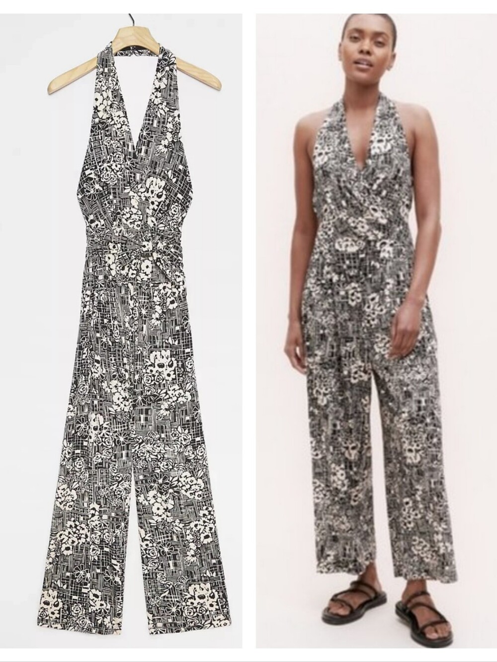 Anthropologie Giovanna halter jumpsuit in a black and white floral pattern Large